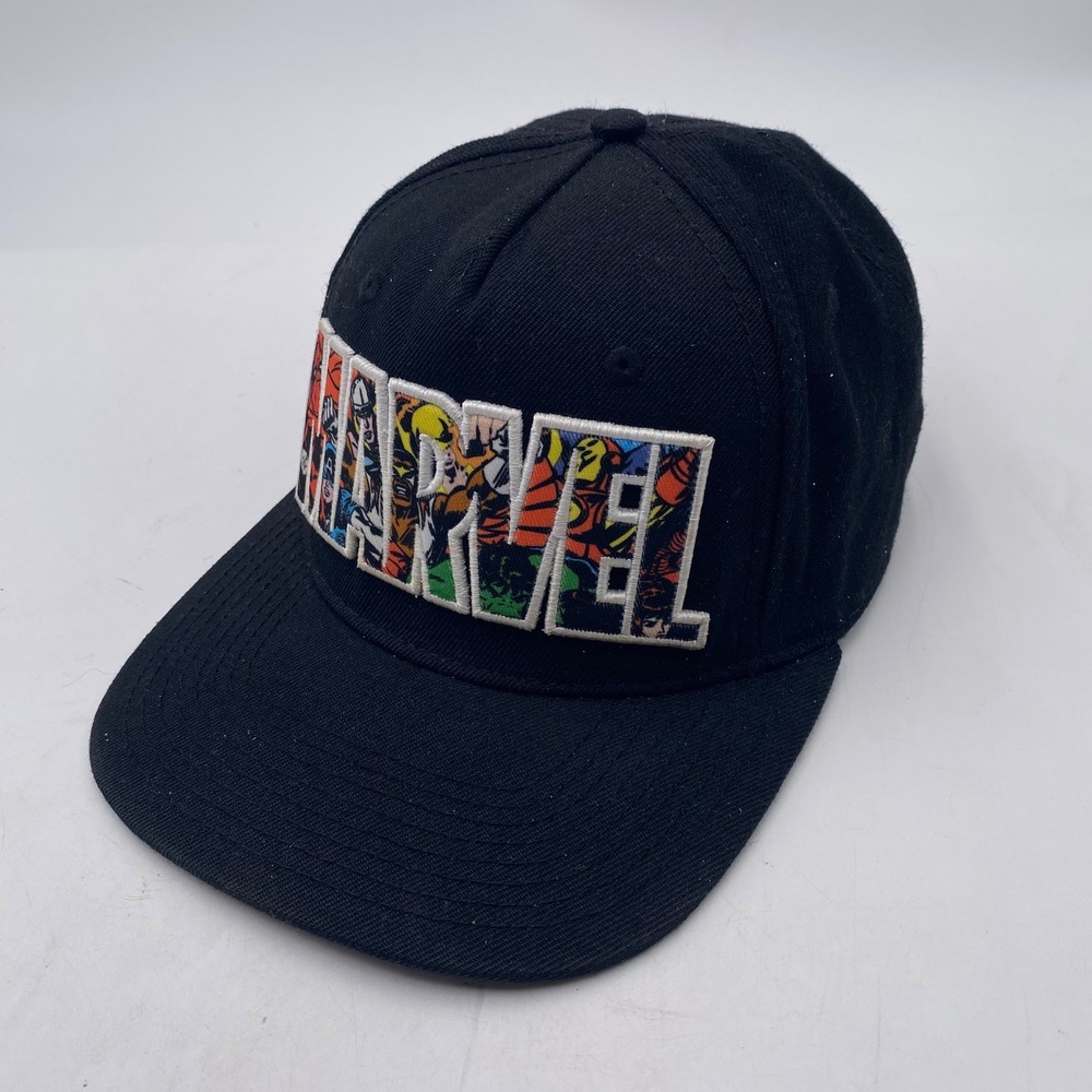MARVEL Comics Logo Snapback Hat OSFM Black Comic Collage Underbrim Wool Cap